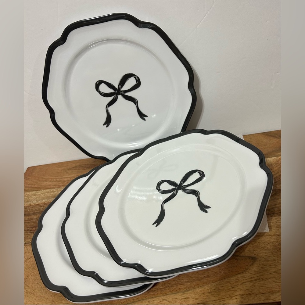 Shabby Chic Black & White Coquette Bow Salad Plates Melamine 8.25” Set of 4 NEW